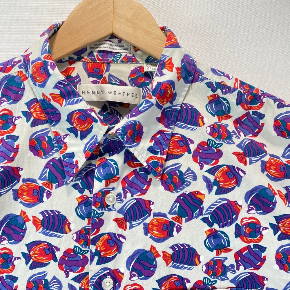 VTG Henry Grethel Fish Print Button Down Men XL Purple Cotton Short Sleeve Shirt